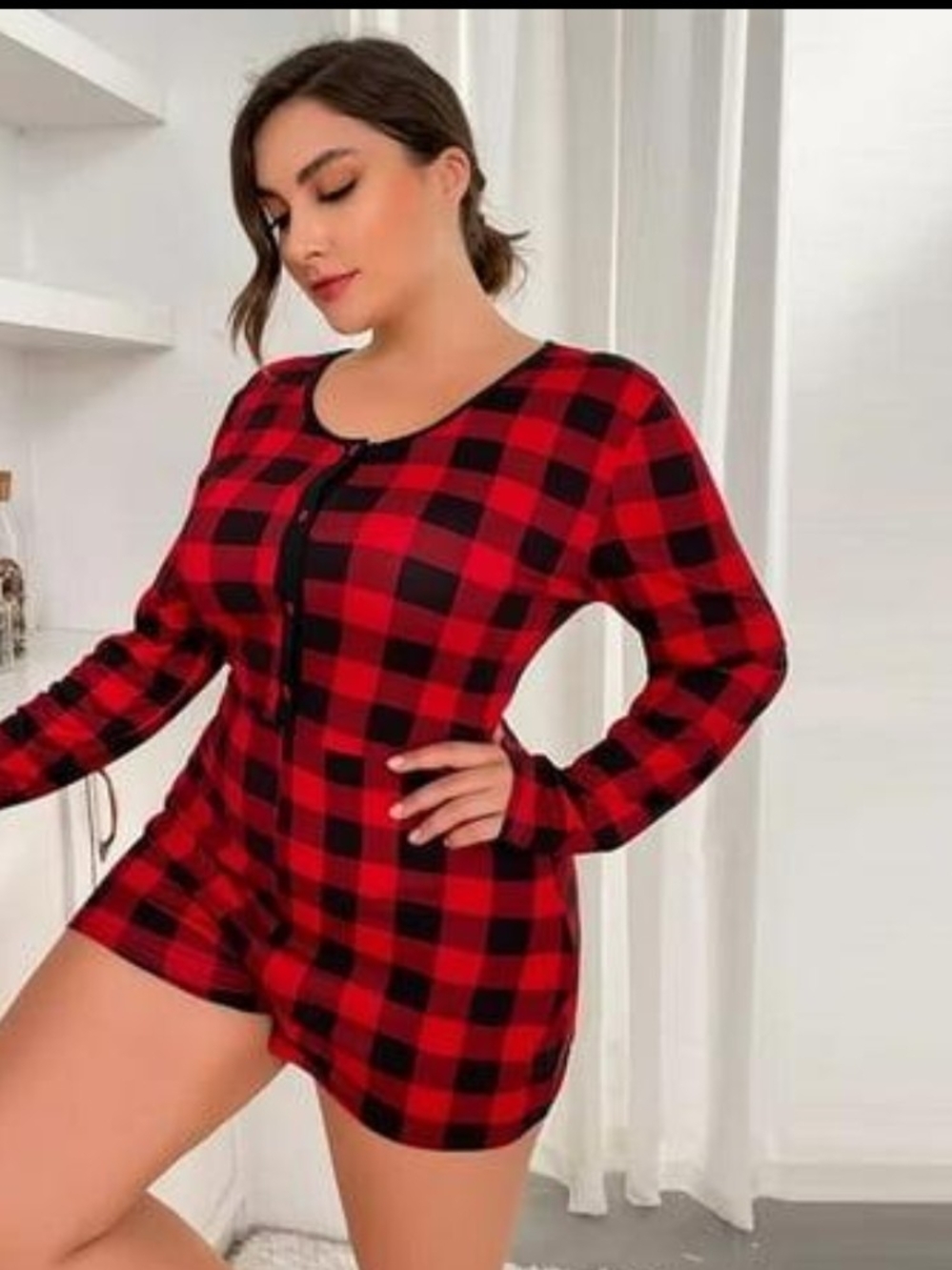 Red Black Buffalo Plaid Long Sleeve Pajama Romper 4XL